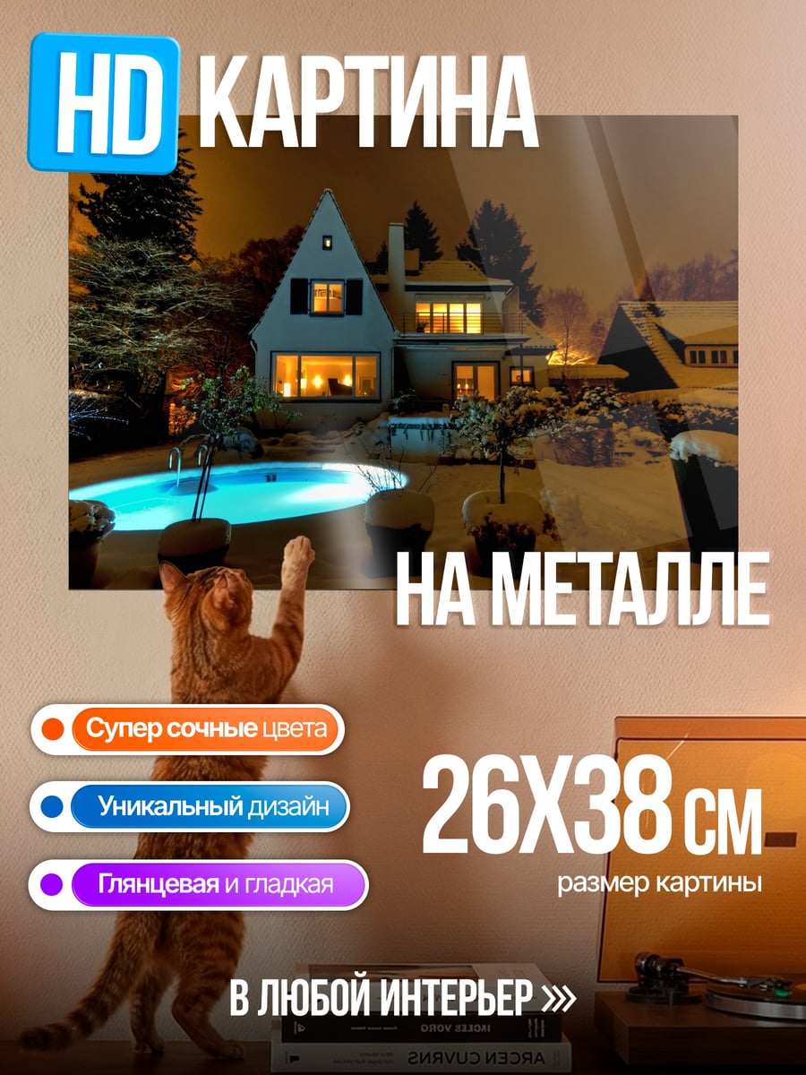 Картина на металле Зимний дом у бассейна