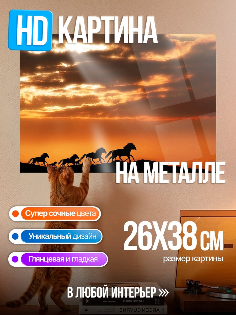 Картина на металле Лошади на закате