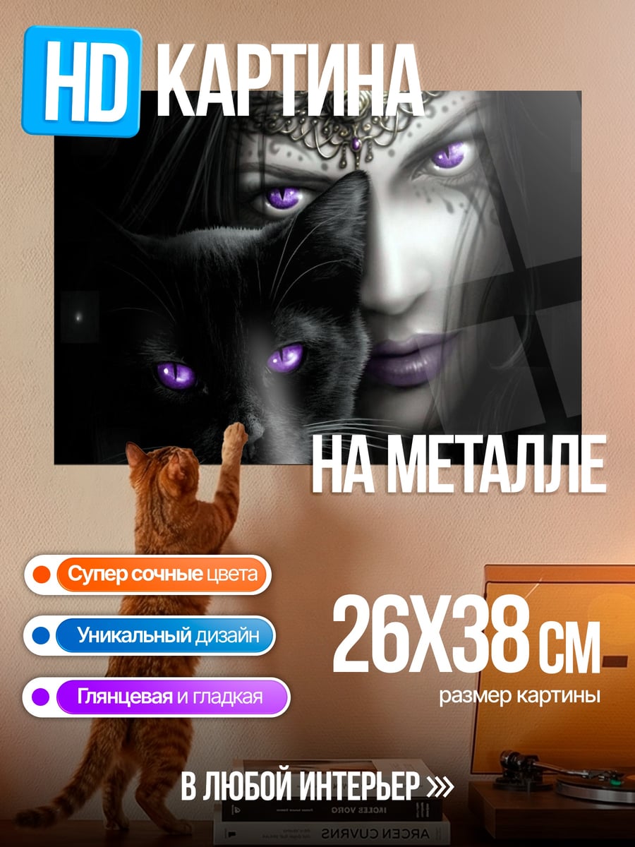 Картина на металле Таинственная колдунья с котом