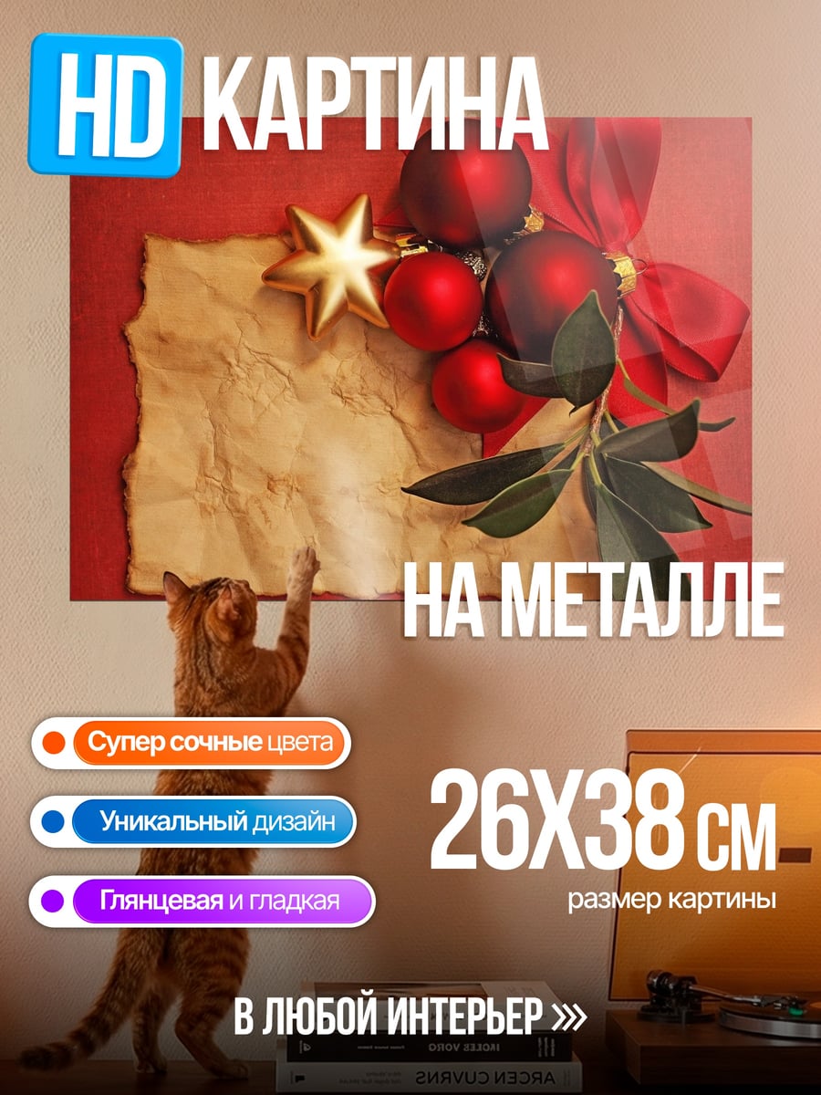 Картина на металле Рождественская открытка с украшениями