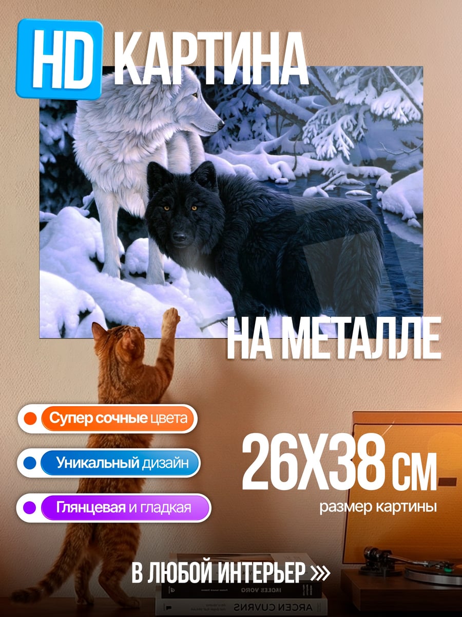 Картина на металле черно-белые волки