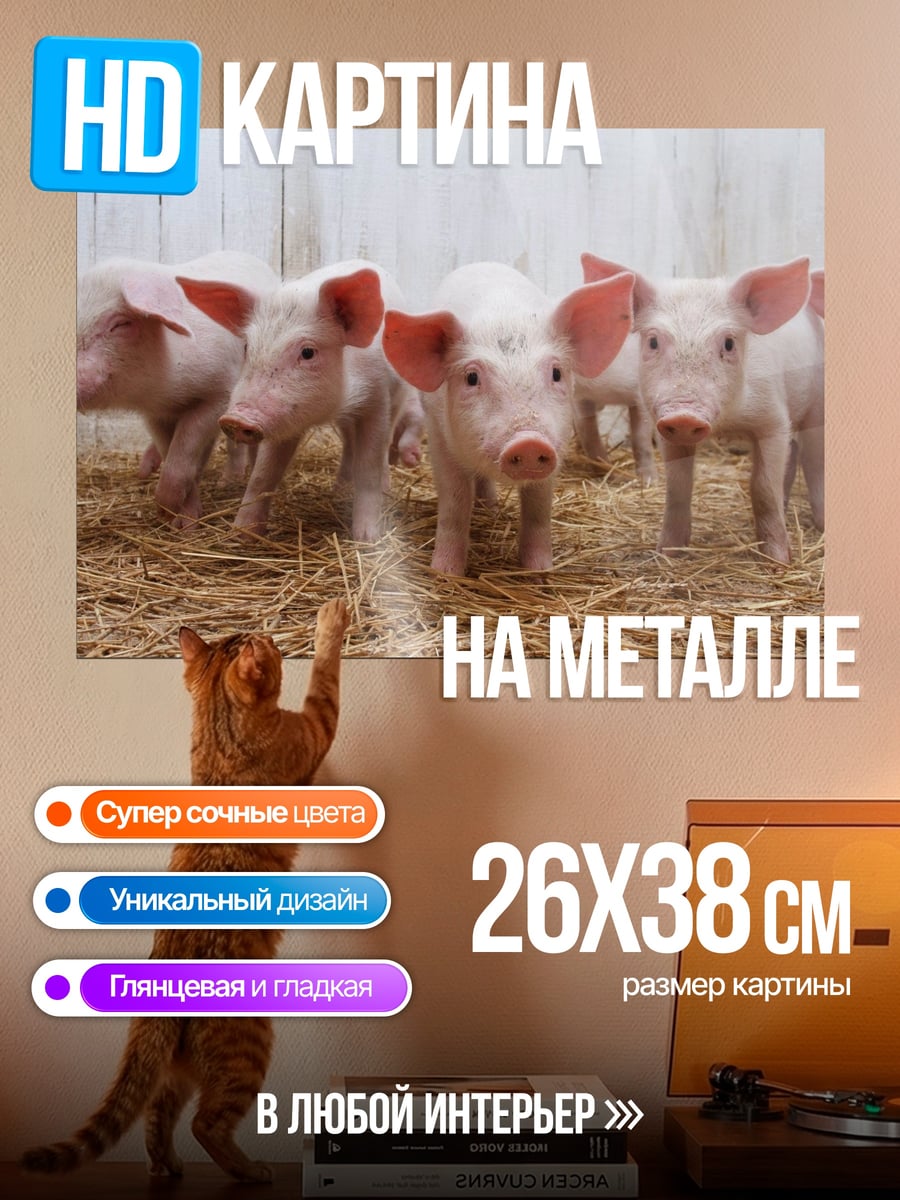 Картина на металле Пять поросят на соломе