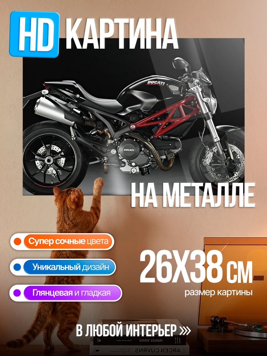 Картина на металле черный мотоцикл Ducati