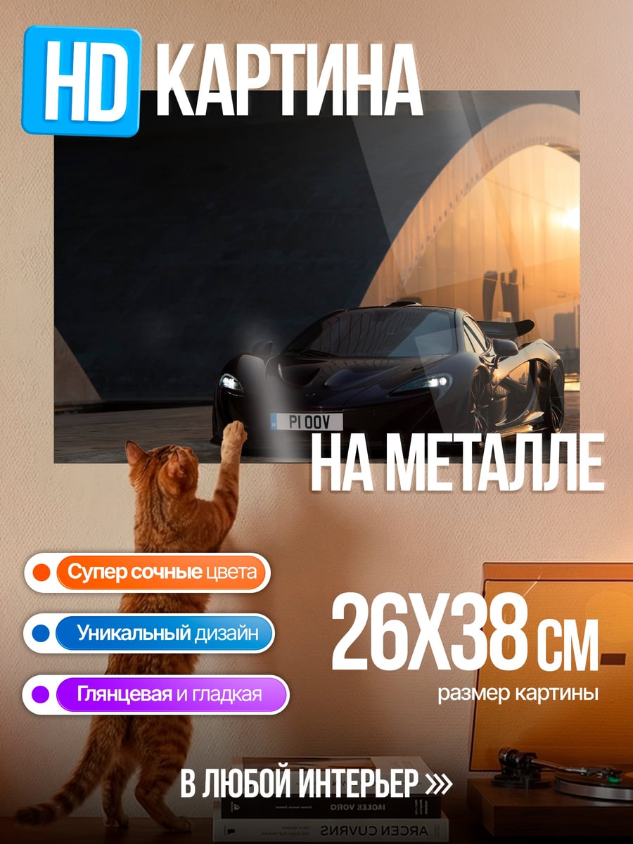 Картина на металле Черный спорткар закат