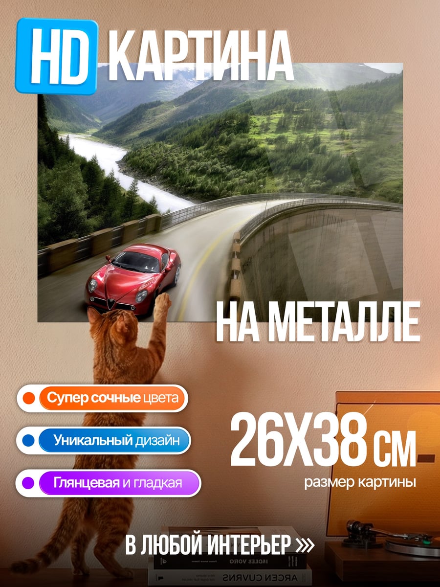 Картина на металле Красная машина в горах