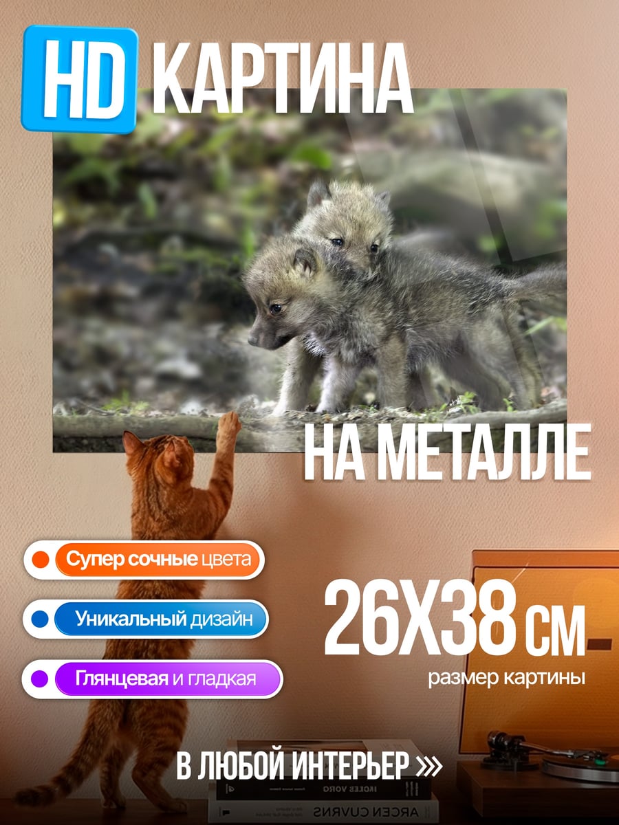 Картина на металле Волчата в лесу