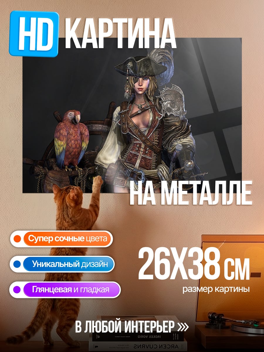 Картина на металле Пиратская девушка попугай