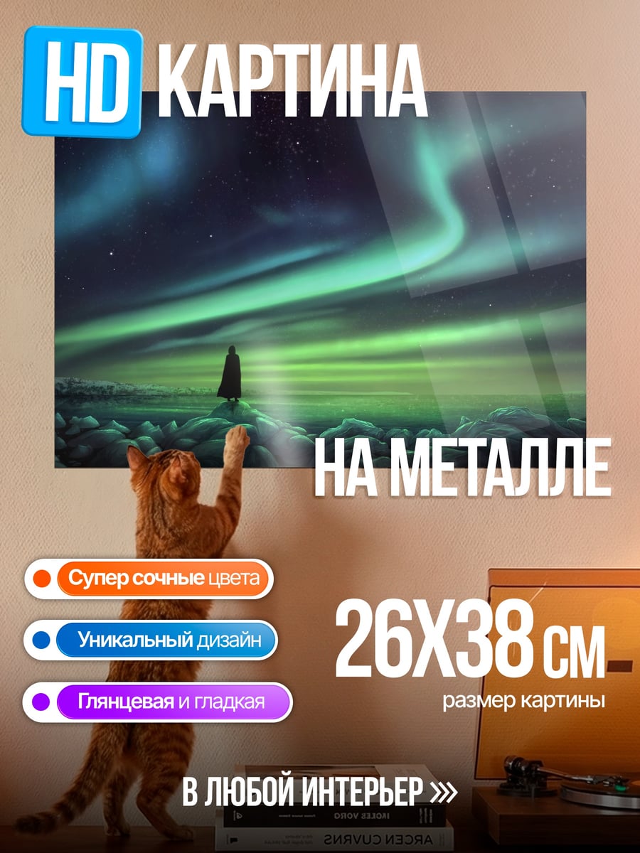 Картина на металле Северное сияние над лесом