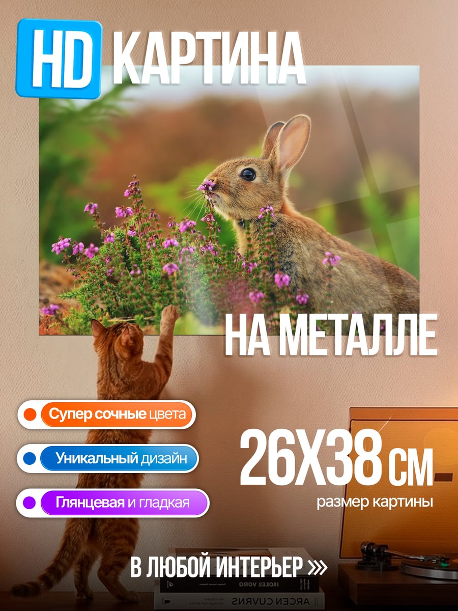 Картина на металле Заяц В Цветах