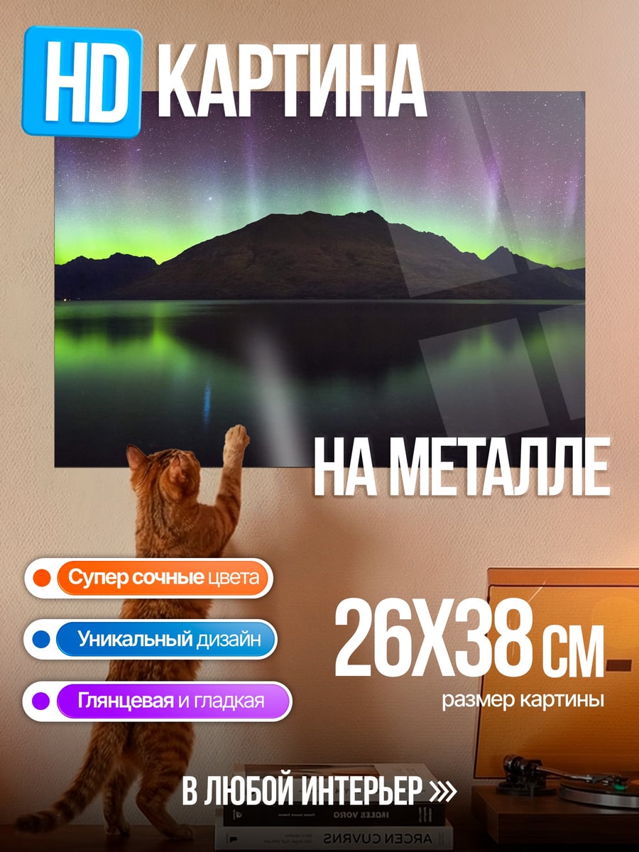 Картина на металле Северное сияние над озером