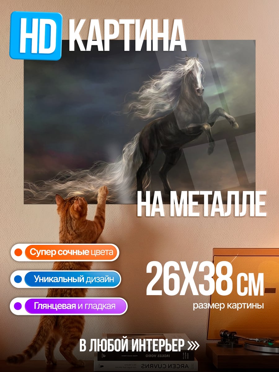 Картина на металле черный конь
