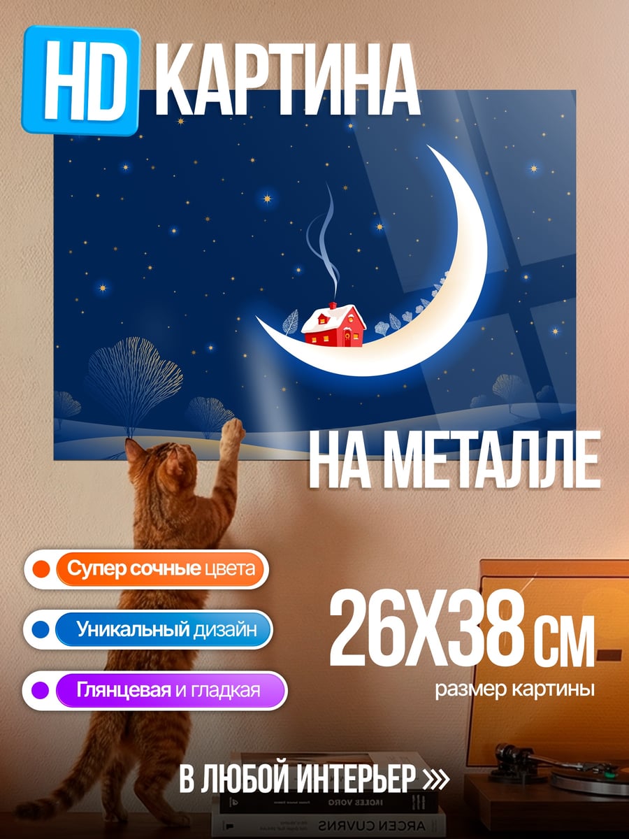 Картина на металле Домик на луне