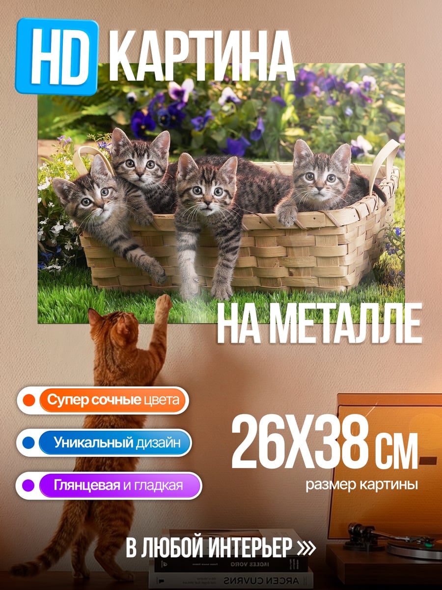 Картина на металле котята в корзине