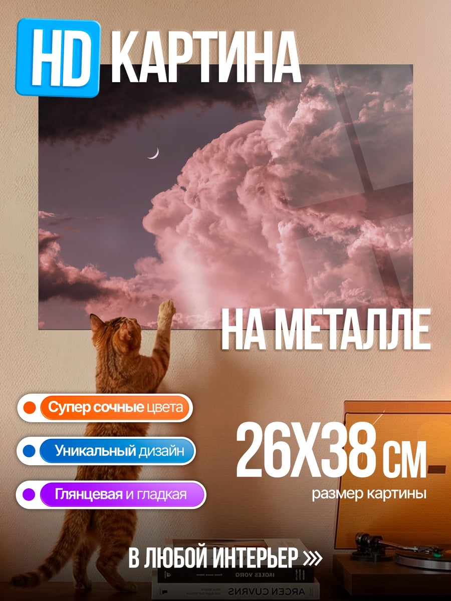 Картина на металле Розовые облака и луна