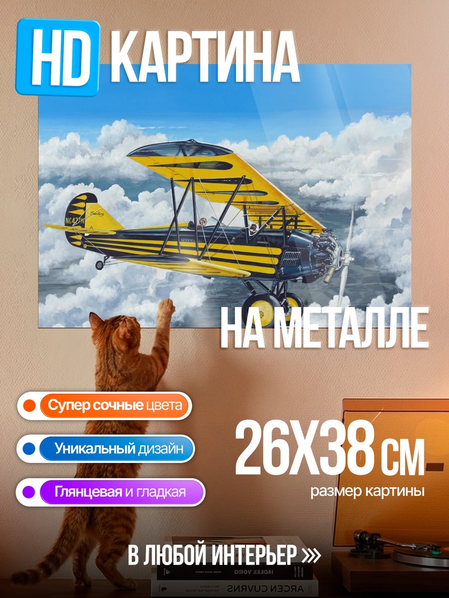 Картина на металле Желтый биплан в небе