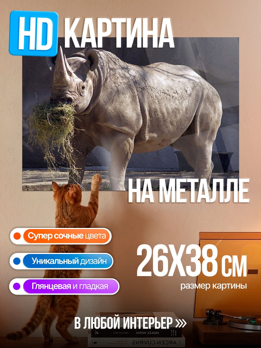 Картина на металле Ест траву носорог