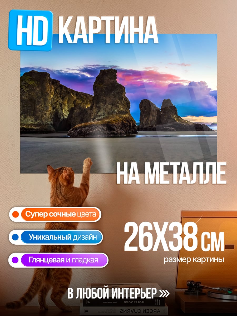 Картина на металле скалы на закате