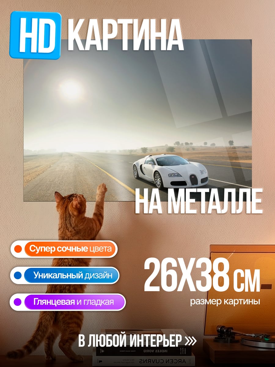 Картина на металле Белый спорткар на дороге