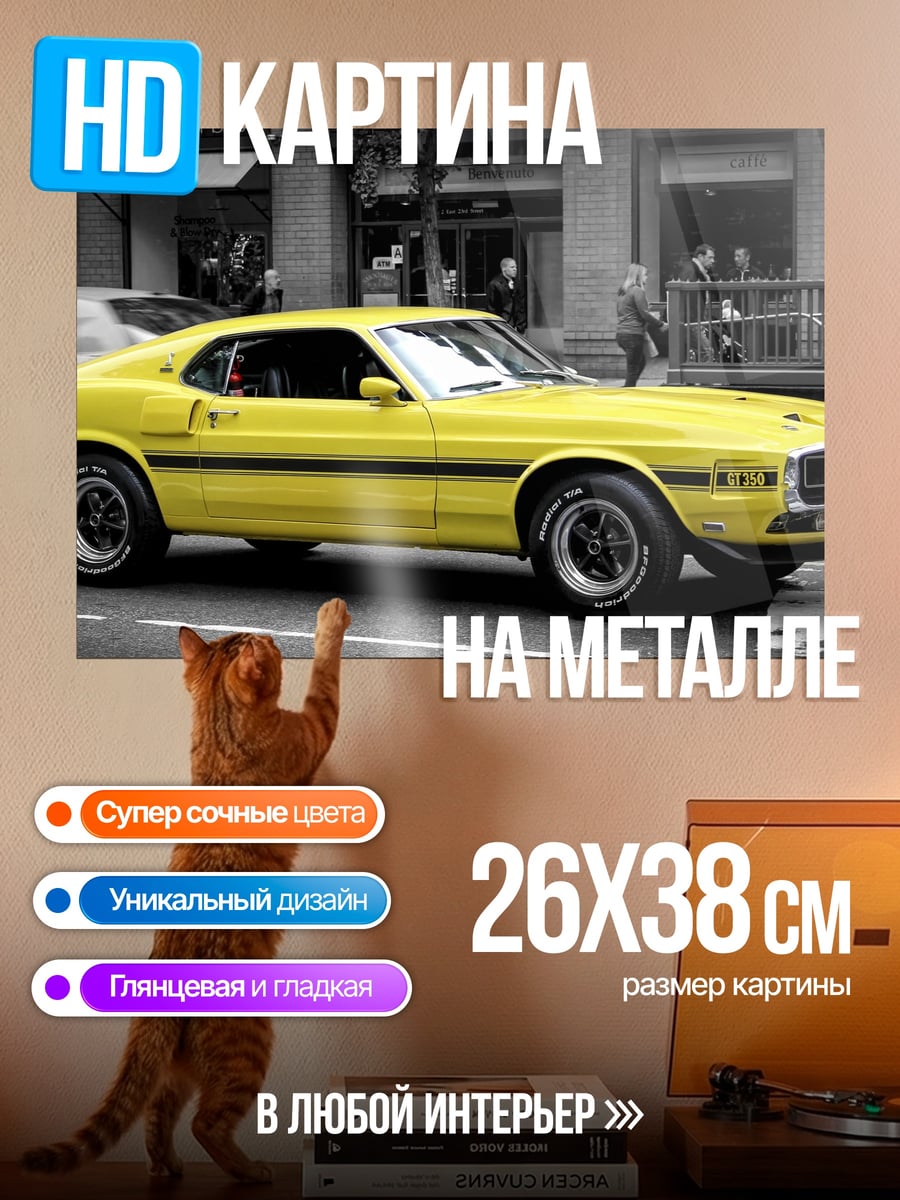 Картина на металле Желтый маслкар на улице