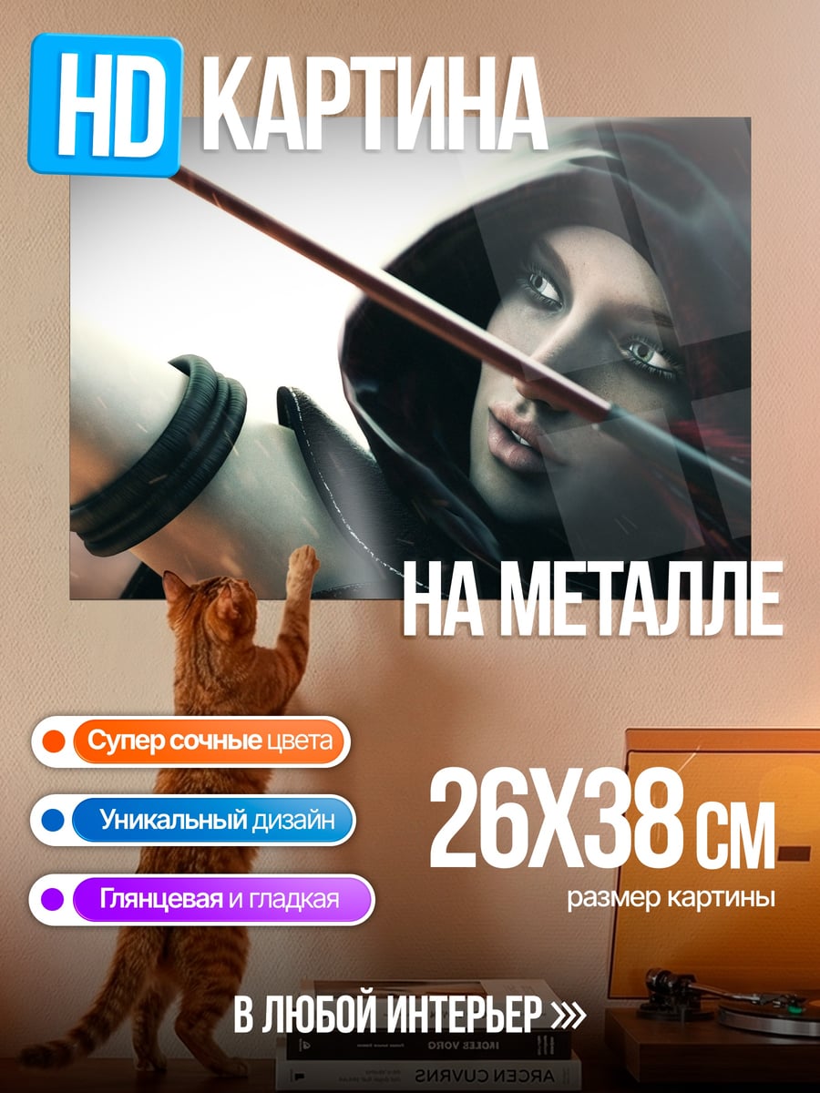 Картина на металле лучница в капюшоне