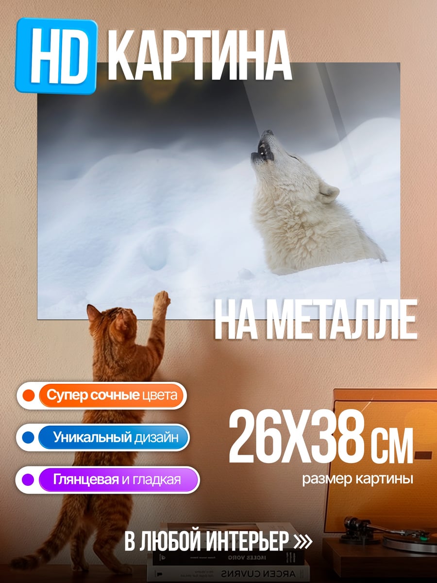 Картина на металле Белый волк в снегу