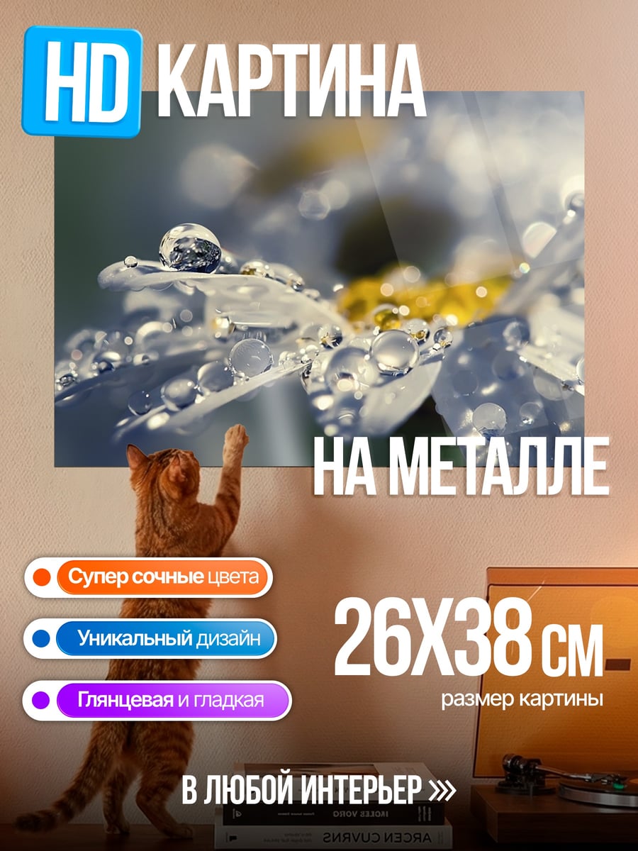 Картина на металле Цветок с каплями