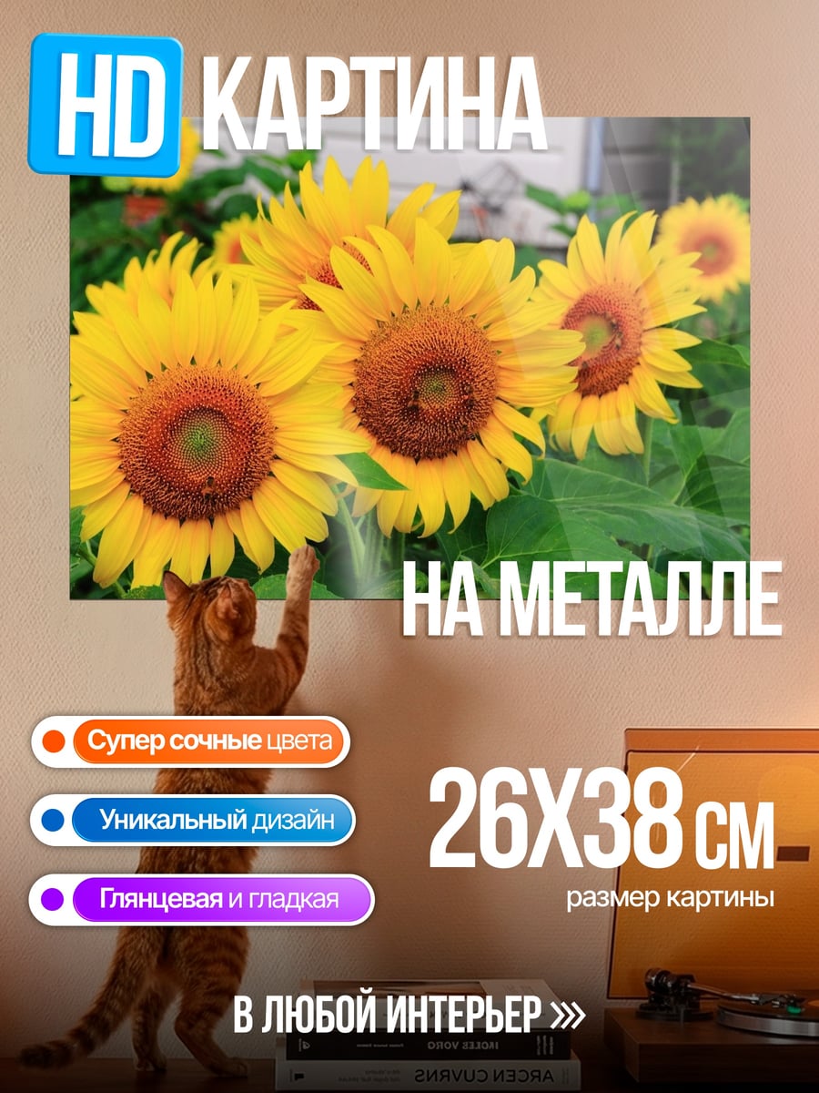 Картина на металле Яркие подсолнухи