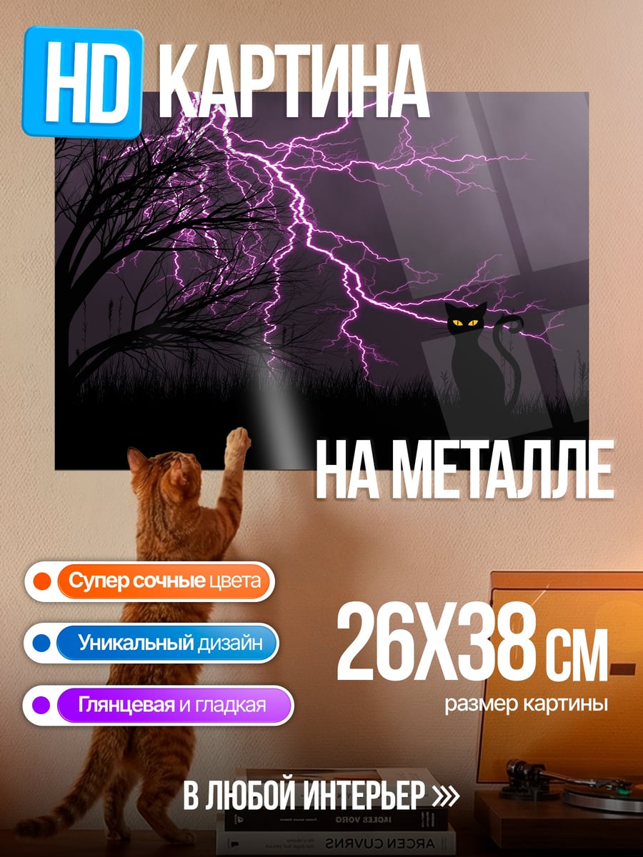 Картина на металле черная кошка гроза