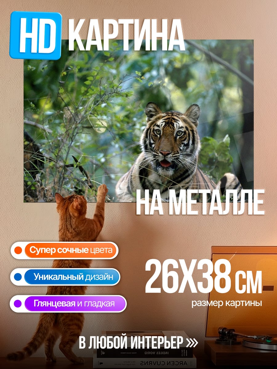 Картина на металле Тигр в джунглях