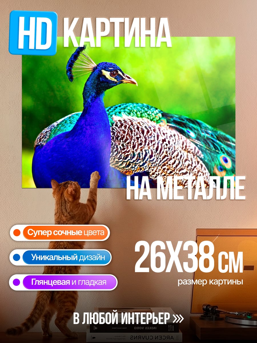 Картина на металле Павлин в зелени