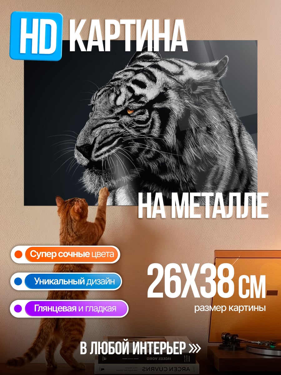 Картина на металле Белый тигр в тени