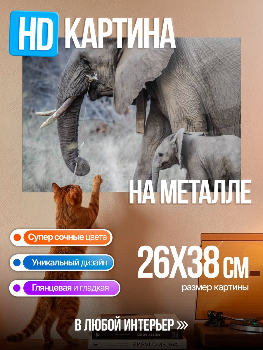 Картина на металле Слониха с детенышем