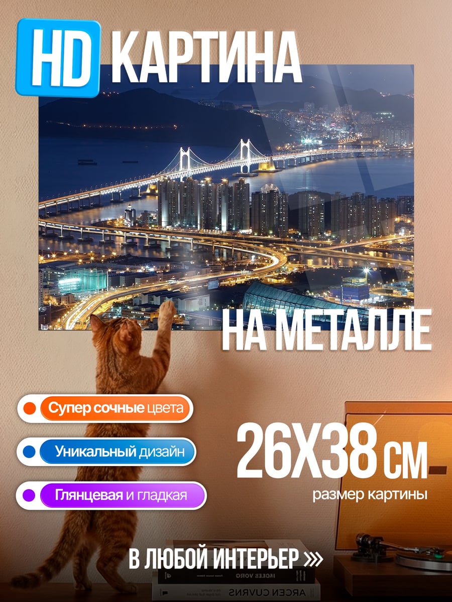 Картина на металле Ночной город мост
