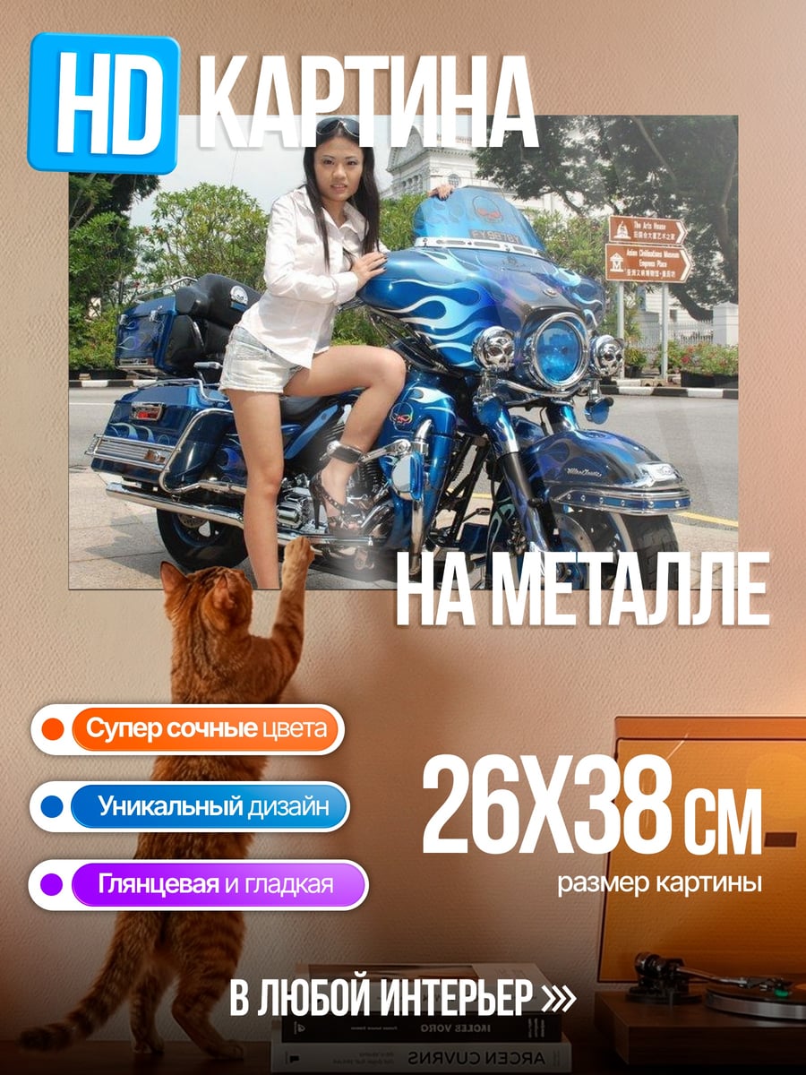 Картина на металле Девушка мотоцикл
