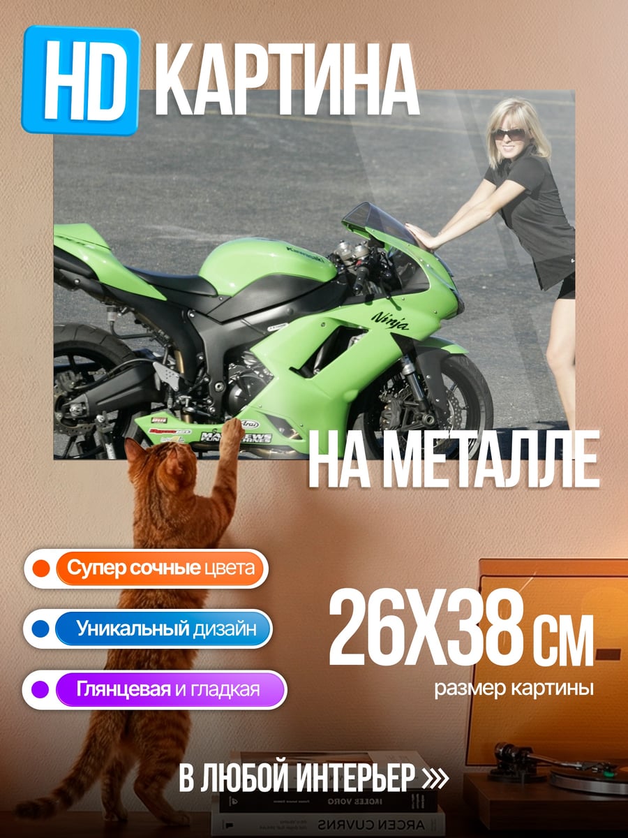 Картина на металле девушка и мотоцикл