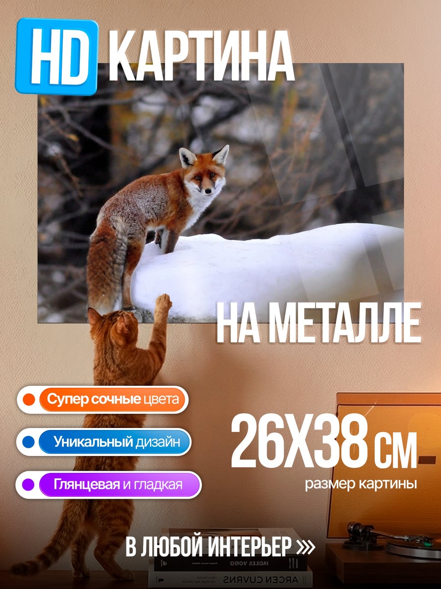 Картина на металле Рыжая лиса в снегу