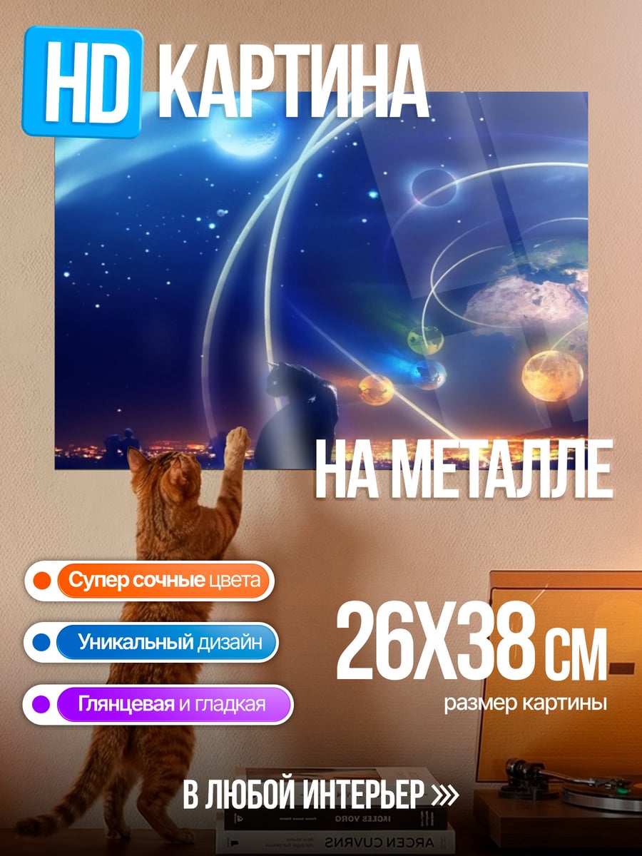 Картина на металле Черный кот космос