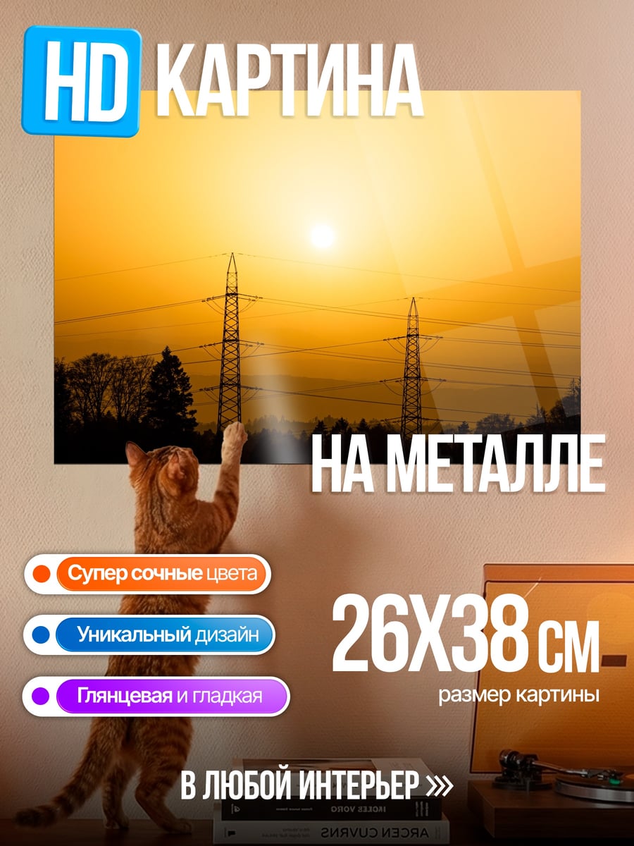 Картина на металле Электрические столбы на закате