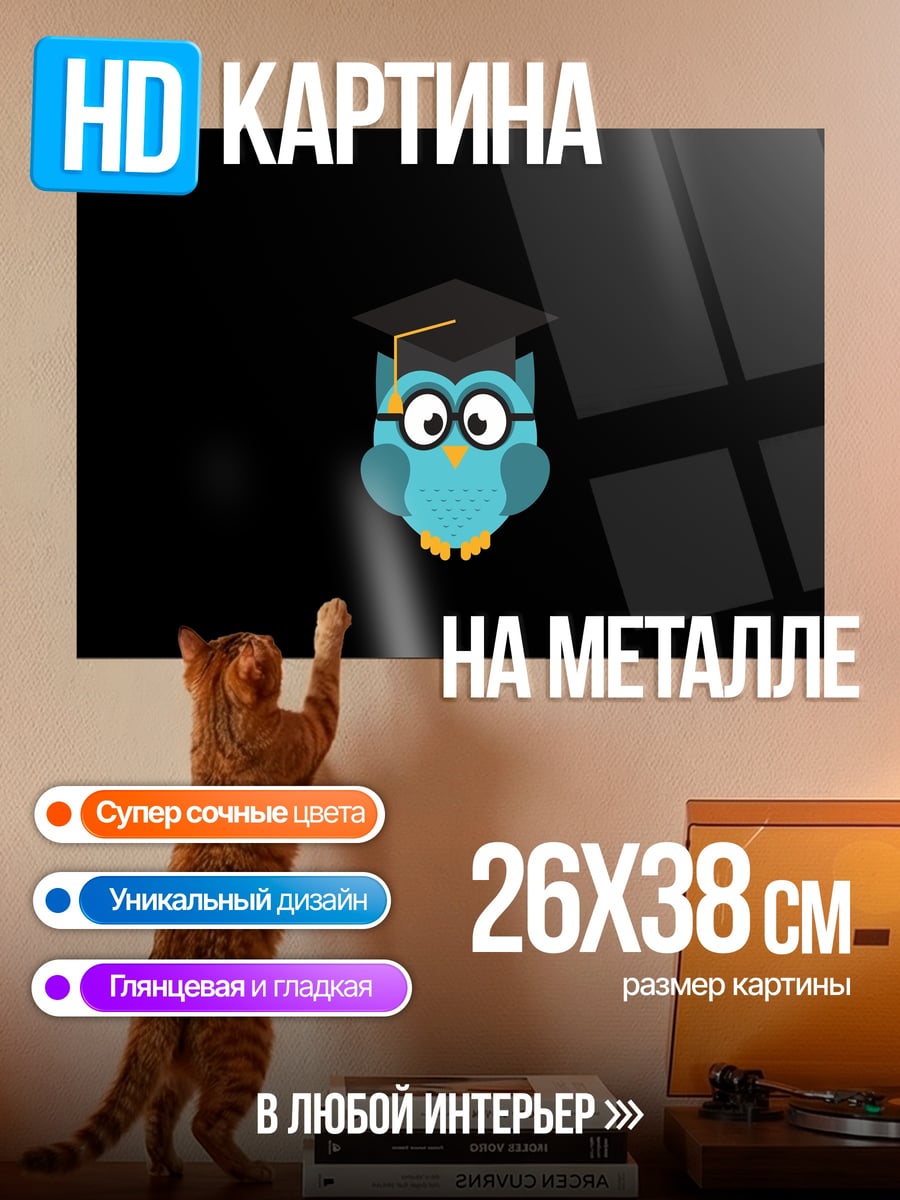 Картина на металле Мудрая сова в шляпе