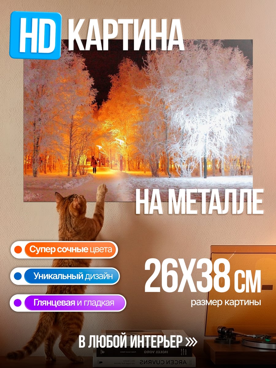 Картина на металле зимний парк огни