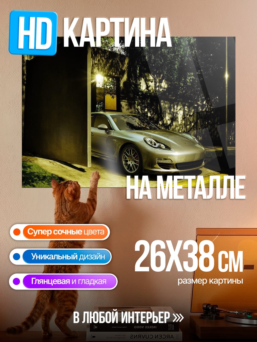 Картина на металле Серебристый Порше ночью