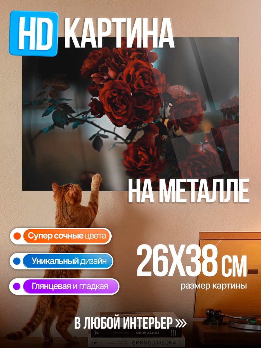 Картина на металле Красные розы в тумане