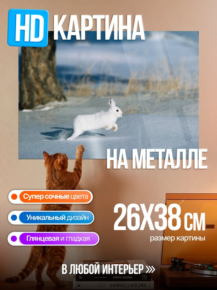 Картина на металле Белый заяц в снегу