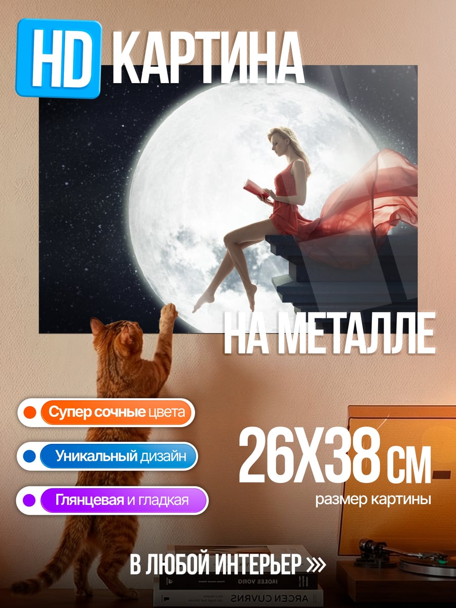 Картина на металле Девушка на луне