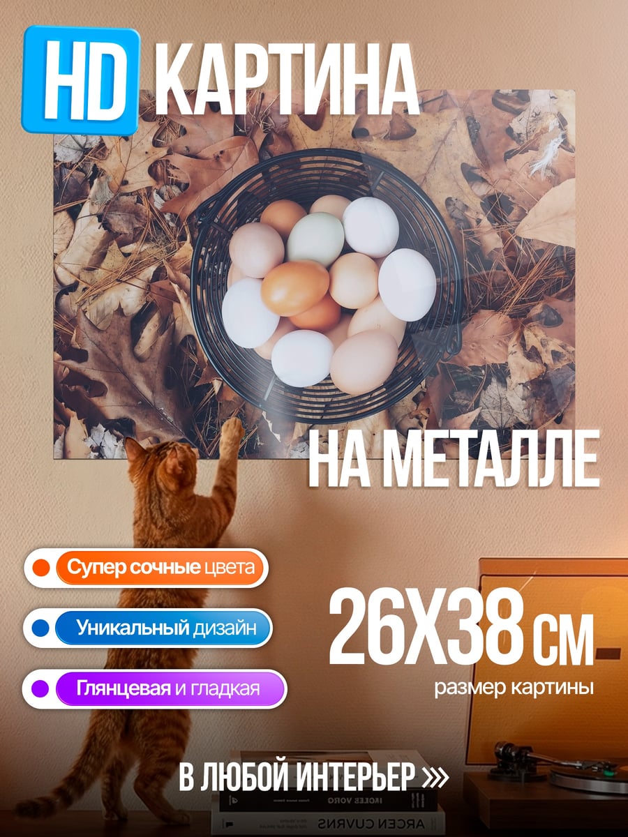Картина на металле Яйца в корзине