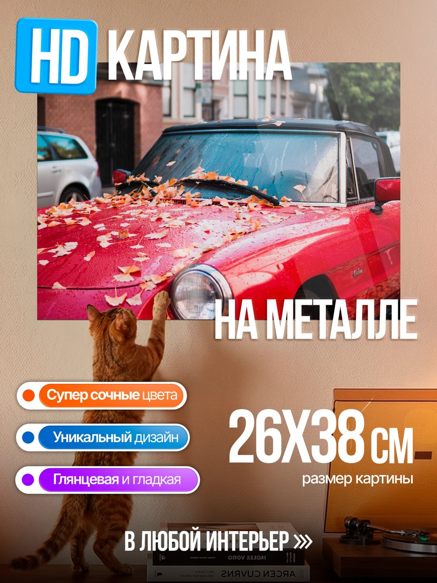 Картина на металле Красный кабриолет осенью