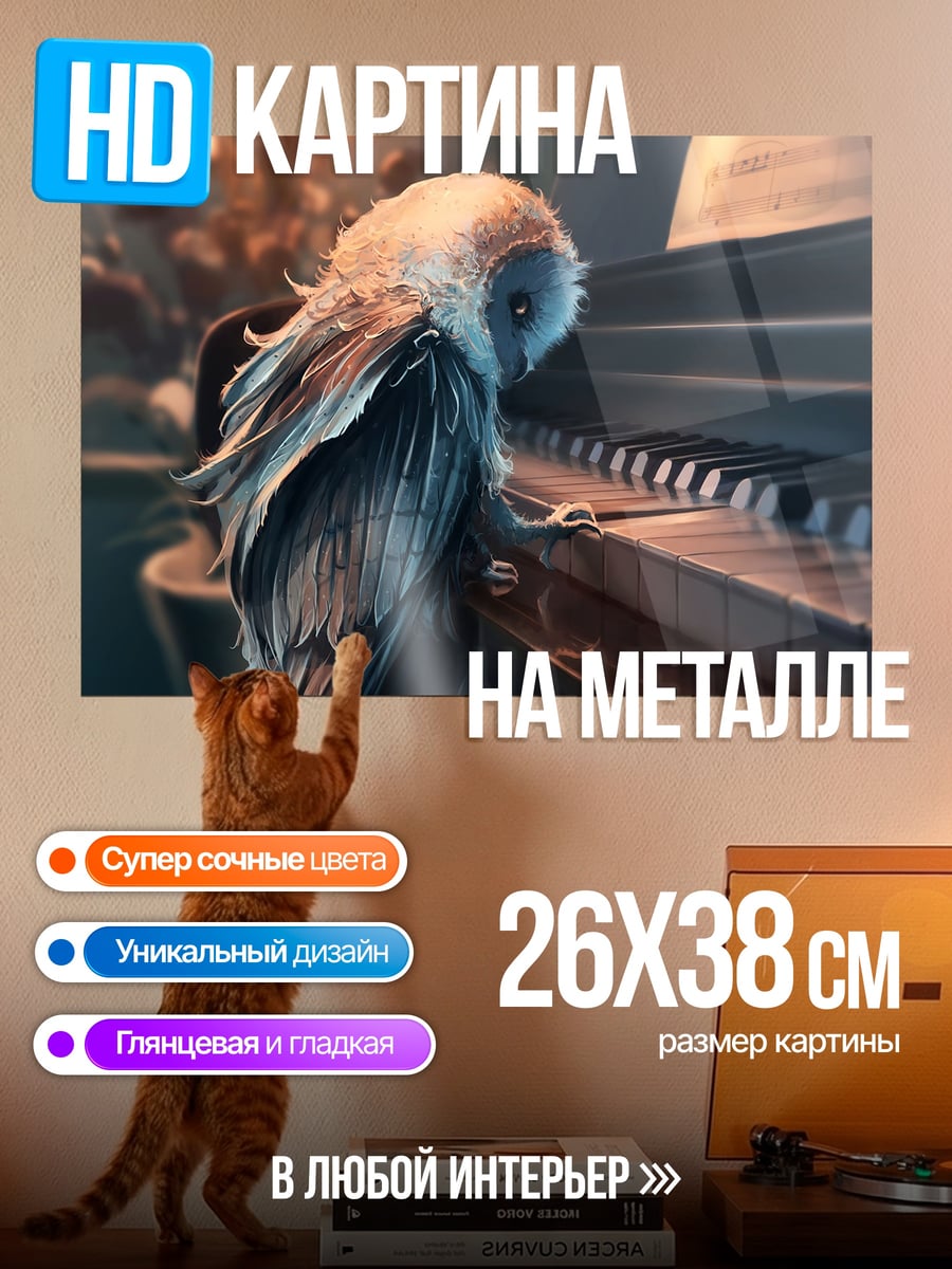 Картина на металле Сова играет на пианино