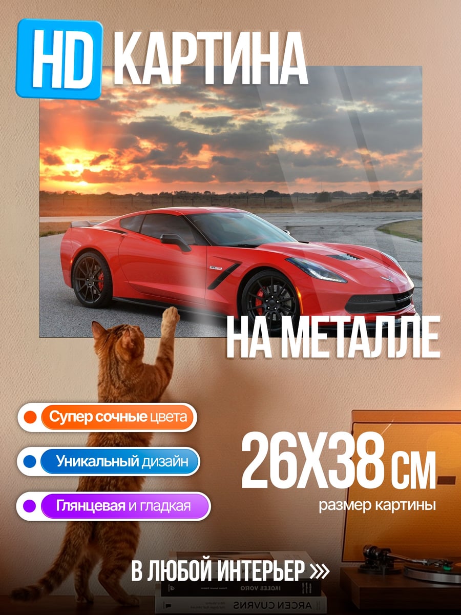 Картина на металле Красный Корвет на закате