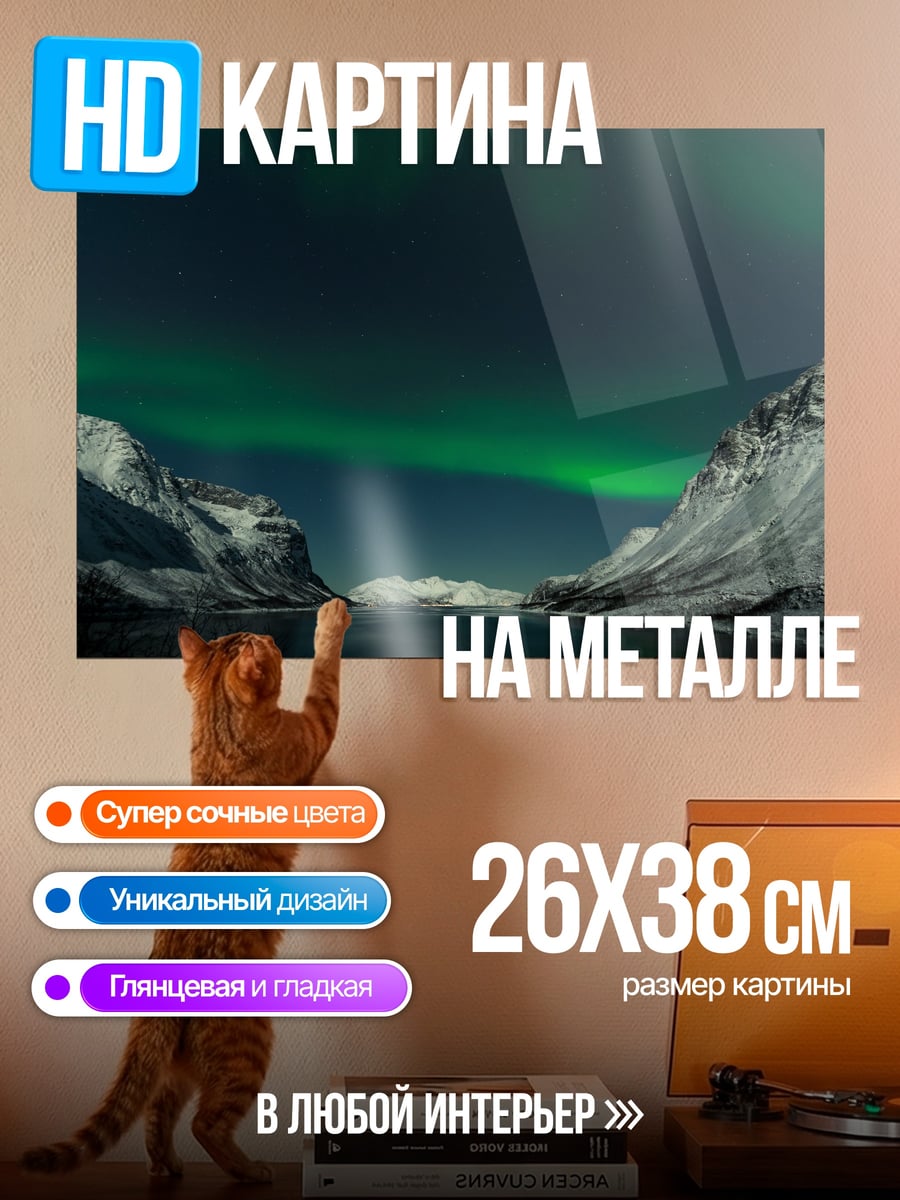 Картина на металле Северное сияние над горами
