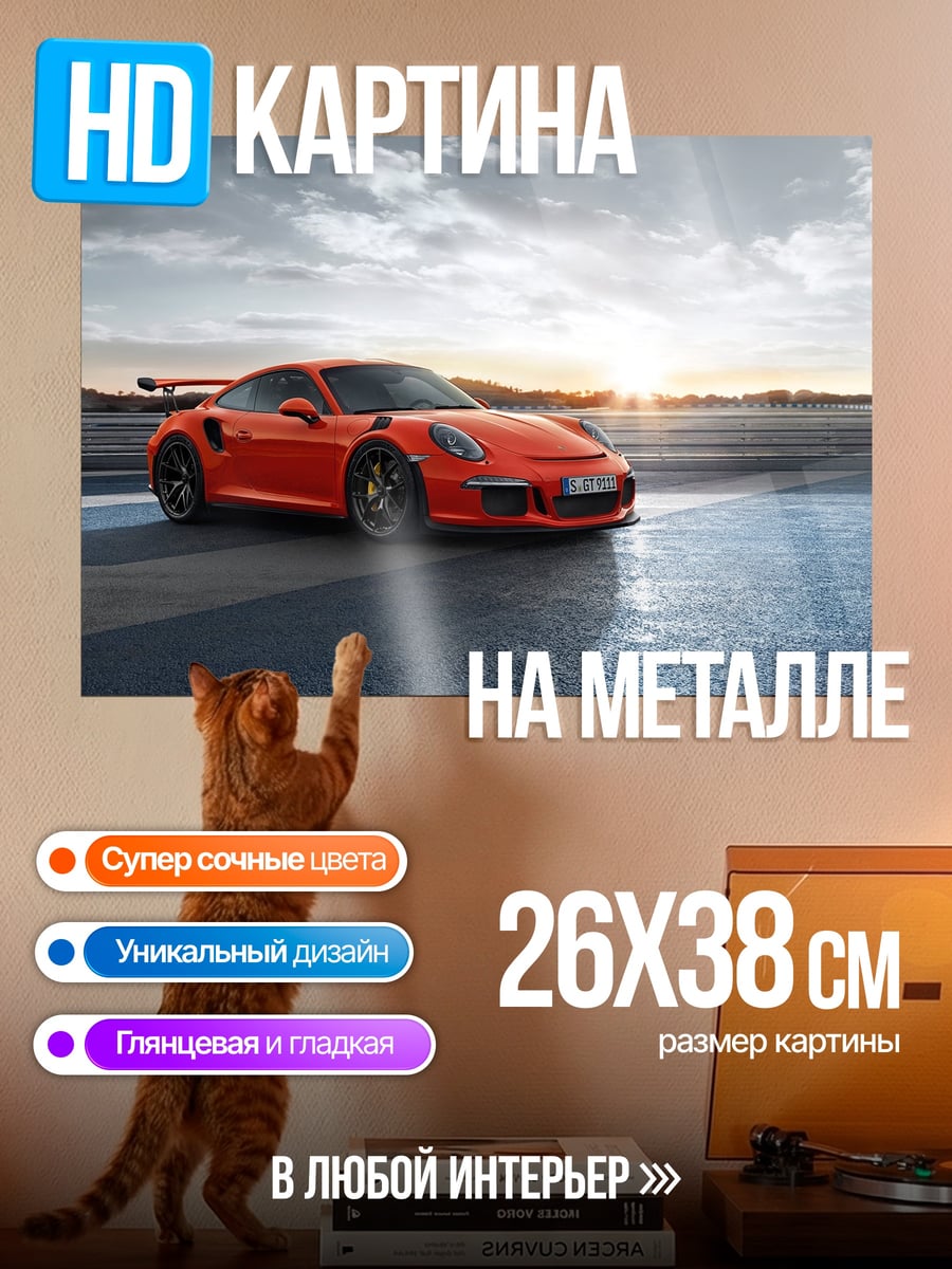 Картина на металле Красный Порше на закате